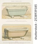 Vintage illustration of imperial porcelain baths published in 1888 by J.L. Mott Iron Works. Vintage porcelain bath tub art drawing illustration, old painting art print. Porcelain bath tub in bathroom.