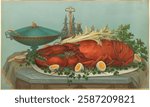 Vintage illustration of a lavish seafood platter featuring a large lobster. The lobster is surrounded by greens and boiled eggs, with a decorative tureen nearby. Vintage chromolithograph illustration.