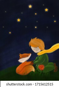 A vintage illustration of little prince and fox in a starry night. rose. dark night. dark blue sky. stars. cold. yellow scarf. 