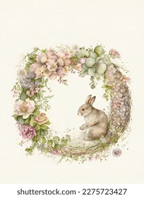 Vintage illustration rabbit in flower wreath  floral wreath