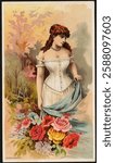 Vintage illustration of a woman in a corset holding a bouquet of colorful flowers. The artwork features intricate floral details and a classic 19th-century style. Vintage card, art illustration.