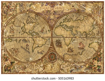 Vintage illustration with world atlas map on antique parchment. Pirate adventures, treasure hunt and old transportation concept. Grunge background with graphic drawings and mystic symbols 