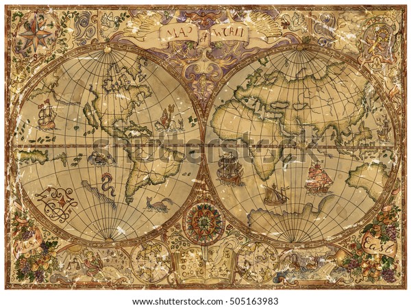 古い羊皮紙に世界地図の地図が描かれたビンテージイラスト 海賊の冒険 宝探し 古い交通のコンセプト グランジ背景にグラフィックス図面と神秘的なシンボル の イラスト素材