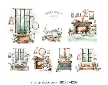 Vintage interior bohemian background with mid century modern furniture,Interior Decor Scene.Cozy living room with houseplant,rug,greenery chair.Watercolor illustration.Housewarming print.Stay at home - Powered by Shutterstock