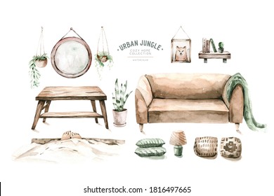 Vintage Interior Bohemian Background With Mid Century Modern Furniture,Interior Decor Scene.Cozy Living Room With Houseplant,rug,greenery Chair.Watercolor Illustration.Housewarming Print.Stay At Home