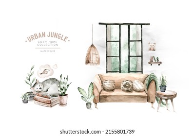 Vintage interior bohemian background with mid century modern furniture,Interior Decor Scene.Cozy living room with houseplant,rug,greenery chair.Watercolor illustration.Housewarming print.Stay at home - Powered by Shutterstock