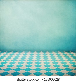 Vintage Interior Grunge Background With Checked Floor And Blue Wallpaper