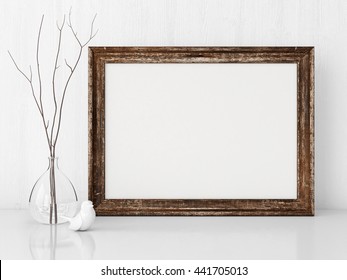 Vintage Interior Poster Mock Up With Horizontal Wooden Empty Frame, Twigs In The Water And Ceramic Bird. 3D Rendering.