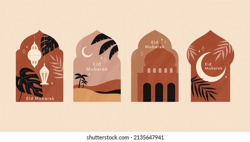 Vintage Islamic Holiday Sticker Set. Textured Illustrations Including Fanous Lantern, Desert Scenery, Mosque Silhouette And Crescent Moon.