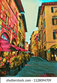 Vintage Italian Small Street In Florence. Traditional Old Architecture Of Italy. Big Size Oil Painting Fine Art. Modern Impressionism Drawn Artwork. Creative Artistic Print For Canvas, Poster Or Paper