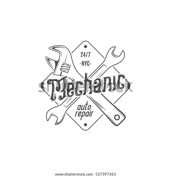 Vintage label design. Mechanic\
auto repair patch in old style with tools. Use for station, car\
service logo, badge, insignia. Retro monochrome . stamp\
design