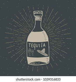 Vintage label  Hand drawn bottle tequila mexican traditional alcohol drink sketch  grunge textured retro badge  emblem design  typography t  shirt print  illustration 