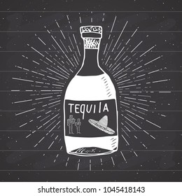 Vintage label  Hand drawn bottle tequila mexican traditional alcohol drink sketch  grunge textured retro badge  emblem design  typography t  shirt print  illustration chalkboard background 