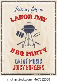 Vintage Labor Day BBQ Party Background. Barbecue Poster, Brochure Or Flyer Template.