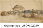 Vintage landscape painting with trees, showcasing a serene scene. Trees in the foreground, trees in the background, creating a peaceful, natural atmosphere. Vintage artwork, antique art.