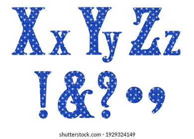 ビンテージラテン語のアルファベット。 青い空と星。 白い背景に西ABC。 パート5