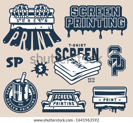 Vintage light screen printing elements set with squeegee shirts silkscreen brush in bucket label letterings isolated  illustration
