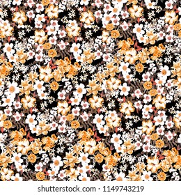 Vintage Little Tiny Small Beige Brown Yellow  Violet  Rose Flowers on Floral Black  Seamless Repeating  Background Artistic Wallpaper Pattern for Valentine's Day Baby Bridal Shower Invitation Card - Powered by Shutterstock