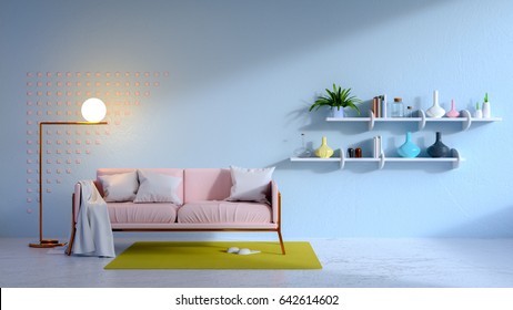 Vintage Living Blue Room And Pink Sofa .3d Render