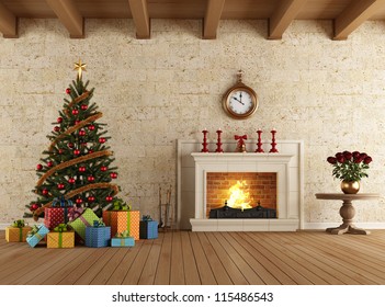 Vintage Living Room With Christmas Tree Gift And Fireplace - Rendering