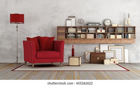 Vintage Living Room With Red Armchair And Wooden Book Case With Books And Decor Objects - 3D Rendering