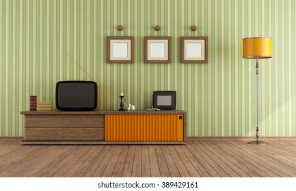 Vintage Living Room With Retro  TV - 3D Rendering