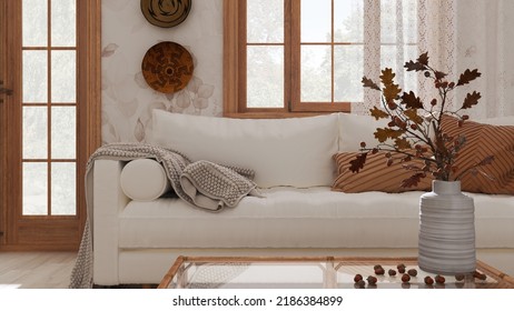 Vintage Living Room In White And Beige Tones Closeup. Sofa, Rattan Table With Autumn Decors. Vase With Dry Leaves And Acorns. Boho Chic Design, Fall Interior Concept, 3d Illustration