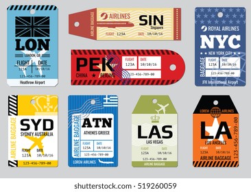 Vintage Luggage Tags, Travel Labels Set. Badge For Baggage, Cardboard Coupon Illustration