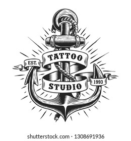 Vintage marine tattoo label with anchor rope and inscription on ribbon isolated  illustration