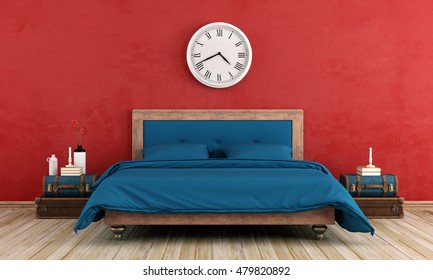 Vintage Master Bedroom With Blue Bed And Red Old Wall - 3d Rendering