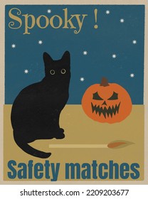 Vintage Matchbox Label Style Art. Spooky. Safety Matches. Black Cat And Pumpkin. 