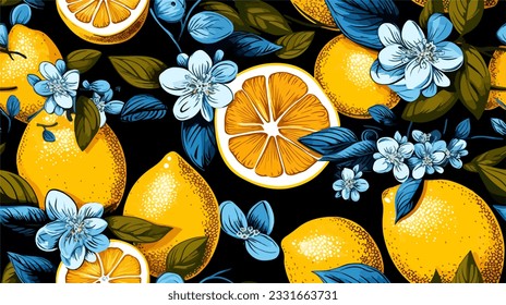 Vintage material vector tiles, featuring lemons and flowers. Hand-drawn feel offers a retro touch. Perfect for unique, evocative backgrounds.
