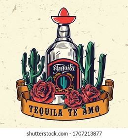 Vintage Mexican Colorful Template With Ribbon Around Tequila Bottle Cactuses And Roses Isolated  Illustration