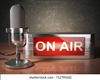 Vintage Microphone With Signboard On Air. Broadcasting Radio Station Concept. 3d Illustration