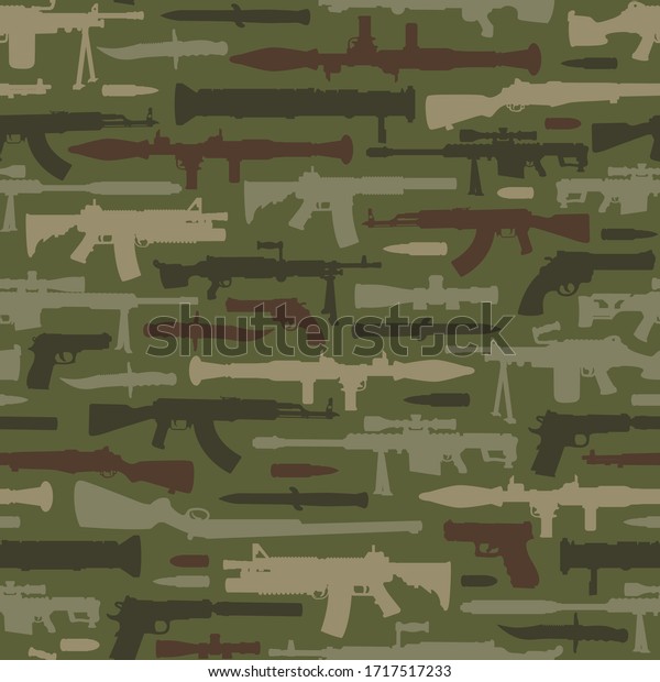 Vintage military weapons seamless\
pattern with rocket launcher bazooka automatic and sniper rifles\
knife pistols machine gun on green background\
illustration