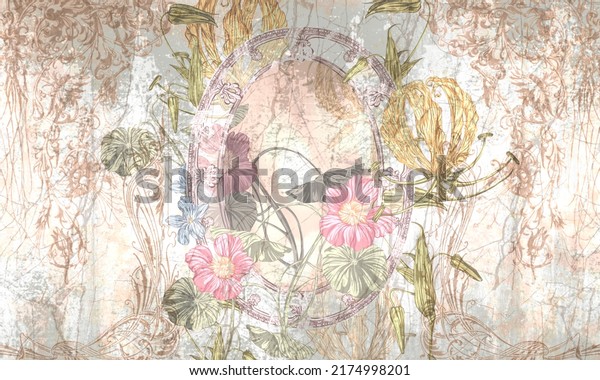 vintage mirror monograms with flowers on a textured background photo wallpaper in the interior