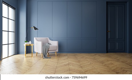 Vintage Modern interior of living room, pink sofa near black lamp on gold table  ,wood flooring and dark blue wall  ,3d rendering