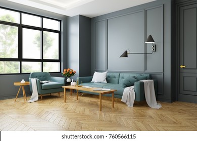 Vintage Modern  interior of living room, green sofa with wall lamp on  parquet  flooring and dark gray wall  ,3d rendering
