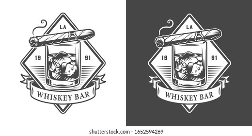 Vintage Monochrome Gentleman Club Logo With Cuban Cigar Lying On Glass Of Whisky Isolated Illustration