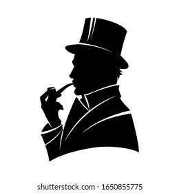 Vintage Monochrome Gentleman Silhouette In Top Hat Smoking Pipe Isolated  Illustration