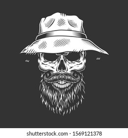 Vintage Monochrome Male Skull With Beard And Mustache In Panama Hat Isolated Illustration