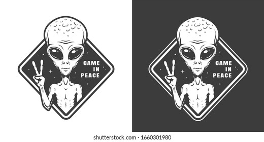Vintage monochrome space label with alien showing peace sign isolated  illustration