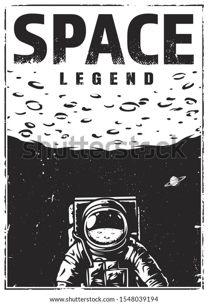 Vintage monochrome space poster with\
astronaut on moon background\
illustration