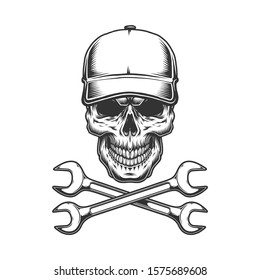 Vintage Monochrome Trucker Skull In Baseball Cap And Crossed Wrenches Isolated Illustration