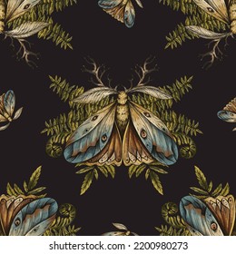 Vintage Moth And Fern Seamless Pattern, Woodland Texture, Enchanted Forest Wallpaper On Black