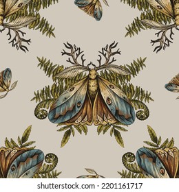 Vintage Moth And Fern Seamless Pattern, Woodland Texture, Enchanted Forest Wallpaper