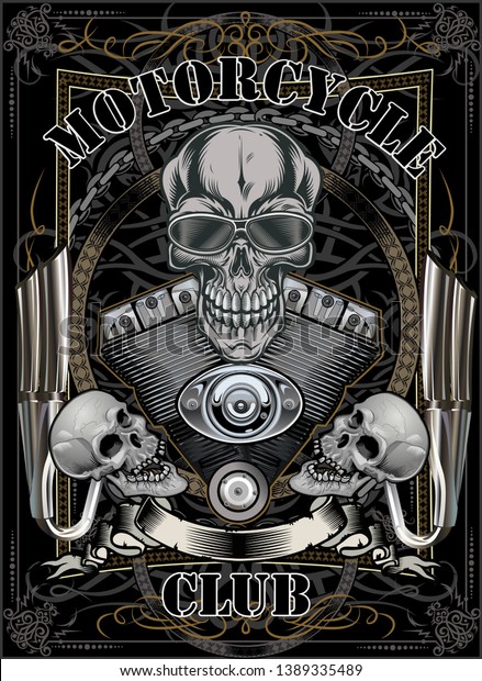 
Vintage motorcycle
label. Skull and
Motor
