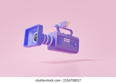 Vintage Movie Camera Icon Floating On Pink Background. Studio Professional Cinema Concept. Cartoon Minimal Symbol, Copy Space. 3d Render Illustration