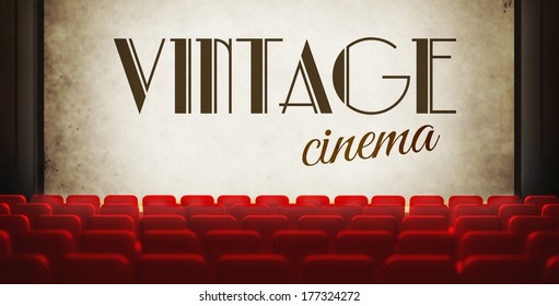 Vintage Movie Screen In Old Retro Cinema, View From Audience