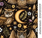 Vintage mystery owl, buttercups flowers and fern seamless pattern on black background